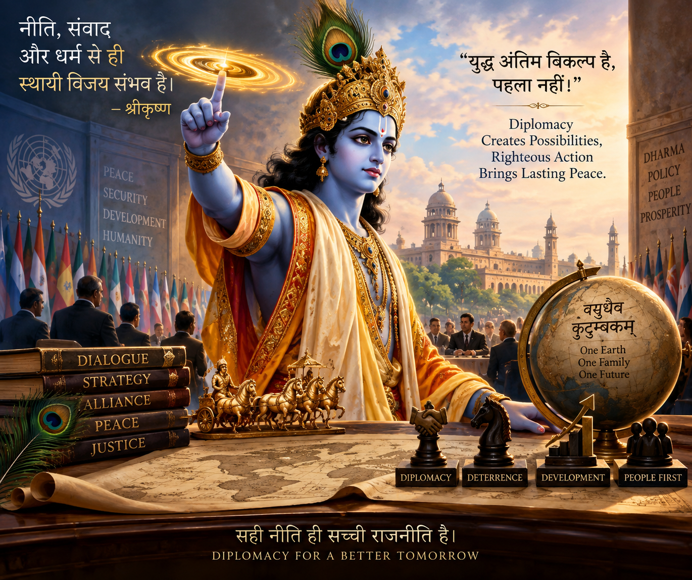 श्रीकृष्ण सुदर्शन चक्र के साथ कूटनीति और रणनीति की थीम
